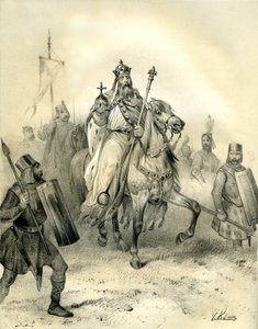 Keisari Kaarle Suuri ratsastaa joukkojensa kärjessä haarniskoihin pukeutuneiden sotilaidensa kanssa, joilla on vallan tunnukset. Victor Adamin (1801-1866) kaiverrus Ardantin veljesten 1800-luvun puolivälissä julkaisemassa kirjassa "Ranska keskiajalla". tekijältä Victor Adam