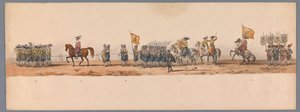 Historiallinen kulkue Utrechtin yliopiston toisen satavuotisjuhlan kunniaksi, 1836 (taulu 7) Hollannin armeijan marssi Ostendeen, 3. heinäkuuta 1600, Nieuwpoortin voiton jälkeisenä päivänä; H H Studentin pukuesityksen mukaan tekijältä Victor Adam