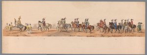 Historiallinen kulkue Utrechtin ammattikorkeakoulun toisen satavuotisjuhlan kunniaksi, 1836 (taulu 8) Hollannin armeijoiden lähestyminen Oostendeen, 3. heinäkuuta 1600, Nieuwpoortin voiton jälkeisenä päivänä; H H Studentin pukeutuneen esityksen mukaan tekijältä Victor Adam