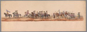 Historiallinen kulkue Utrechtin yliopiston toisella satavuotisjuhlassa, 1836 (taulu 5) Hollannin armeijan marssi Ostendeen, 3. heinäkuuta 1600, Nieuwpoortin voiton jälkeisenä päivänä; H H Studentin pukuesityksen mukaan tekijältä Victor Adam