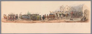 Historiallinen kulkue Utrechtin ammattikorkeakoulun toisen satavuotisjuhlan kunniaksi, 1836 (taulu 10) Hollannin armeijoiden lähestyminen Oostendeen, 3. heinäkuuta 1600, Nieuwpoortin voiton jälkeisenä päivänä; H H Studenin pukeutuneen esityksen mukaan tekijältä Victor Adam