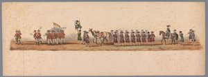 Historiallinen kulkue Utrechtin ammattikorkeakoulun toisen satavuotisjuhlan kunniaksi, 1836 (taulu 3) Hollannin armeijoiden lähestyminen Oostendeen, 3. heinäkuuta 1600, Nieuwpoortin voiton jälkeisenä päivänä; H H Studentin pukeutuneen esityksen mukaan tekijältä Victor Adam