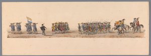Historiallinen kulkue Utrechtin ammattikorkeakoulun toisen satavuotisjuhlan kunniaksi, 1836 (taulu 4) Hollannin armeijoiden lähestyminen Oostendeen, 3. heinäkuuta 1600, Nieuwpoortin voiton jälkeisenä päivänä; H H Studentin pukeutuneen esityksen mukaan tekijältä Victor Adam