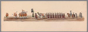 Historiallinen kulkue Utrechtin ammattikorkeakoulun toisen satavuotisjuhlan kunniaksi, 1836 (taulu 3) Hollannin armeijoiden lähestyminen Oostendeen, 3. heinäkuuta 1600, Nieuwpoortin voiton jälkeisenä päivänä; H H Studentin pukeutuneen esityksen mukaan tekijältä Victor Adam