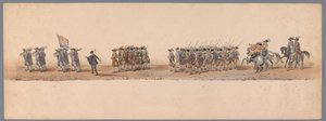 Historiallinen kulkue Utrechtin ammattikorkeakoulun toisen satavuotisjuhlan kunniaksi, 1836 (taulu 4) Hollannin armeijoiden lähestyminen Oostendeen, 3. heinäkuuta 1600, Nieuwpoortin voiton jälkeisenä päivänä; H H Studentin pukeutuneen esityksen mukaan tekijältä Victor Adam