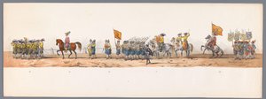 Historiallinen kulkue Utrechtin ammattikorkeakoulun toisen satavuotisjuhlan kunniaksi, 1836 (taulu 7) Hollannin armeijoiden lähestyminen Oostendeen, 3. heinäkuuta 1600, Nieuwpoortin voiton jälkeisenä päivänä; H H Studentin pukeutuneen esityksen mukaan tekijältä Victor Adam