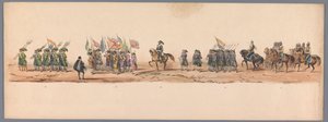 Historiallinen kulkue Utrechtin ammattikorkeakoulun toisen satavuotisjuhlan kunniaksi, 1836 (taulu 9) Hollannin armeijoiden lähestyminen Oostendeen, 3. heinäkuuta 1600, Nieuwpoortin voiton jälkeisenä päivänä; H H Studentin pukeutuneen esityksen mukaan tekijältä Victor Adam