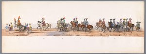 Historiallinen kulkue Utrechtin ammattikorkeakoulun toisen satavuotisjuhlan kunniaksi, 1836 (taulu 8) Hollannin armeijoiden lähestyminen Oostendeen, 3. heinäkuuta 1600, Nieuwpoortin voiton jälkeisenä päivänä; H H Studentin pukeutuneen esityksen mukaan tekijältä Victor Adam