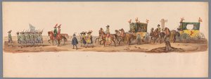 Historiallinen kulkue Utrechtin ammattikorkeakoulun toisella satavuotisjuhlassa, 1836 (taulu 6) Hollannin armeijoiden lähestyminen Oostendeen, 3. heinäkuuta 1600, Nieuwpoortin voiton jälkeisenä päivänä; H H Studentin pukeutuneen esityksen mukaan tekijältä Victor Adam