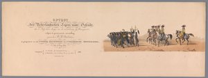 Historiallinen kulkue Utrechtin ammattikorkeakoulun toisen satavuotisjuhlan kunniaksi, 1836 (otsikon painatus) Hollannin armeijoiden lähestyminen Oostendeen, 3. heinäkuuta 1600, Nieuwpoortin voiton jälkeisenä päivänä; H H Studin antaman puvun mukaan tekijältä Victor Adam