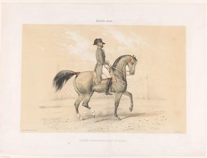Laurent Franconi ratsastaa tammallaan Normalla Laurent Franconi Montant la Norma. (otsikko esineessä) Hevoset ja ratsastajat kilparadalla (sarjan nimi) Hippodrome national (sarjan nimi esineessä) tekijältä Victor Adam