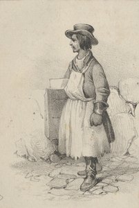 Mies esiliina ja hattu yllään, 1800-luvun puoliväli.