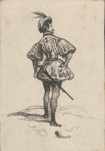Mies, jolla on miekka ja höyhenhattu, takaa katsottuna, 1800-luvun puoliväli. tekijältä Victor Adam