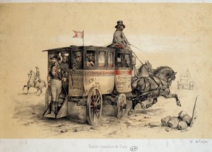 Pariisin omnibus-auto - Adamin litografia, n. 1840 tekijältä Victor Adam