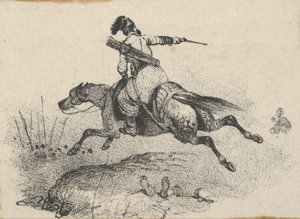 Sotilas laukkaavalla hevosella, 1800-luvun puoliväli.