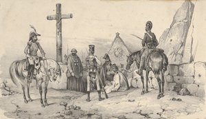 Sotilaat kokoontuivat kirkon eteen, jossa oli pappeja ja krusifiksi, 1800-luvun puoliväli. tekijältä Victor Adam