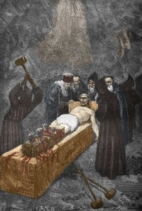 Tapaus Loudunin vallatuista (demons de Loudun) noin 1630: noitavahti, ranskalainen pappi Urbain Grandier (1590-1634), jonka väitettiin solmivan sopimuksen paholaisen kanssa ja syyttää nunnien lumoamisesta, on kidutusta kirjontaan - (Urbain) Suurempi, ransk
