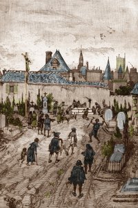 Jansenistinen kouristuskohtaus (tai Saint Medard) (Kouristusten teoksia) 1700-luvulla: "" Sairaat ja sairaat menevät Saint-Medardin hautausmaalle (missä on diakoni Francois Parisin hauta) ollakseen ihmeellisesti gueris" (Convulsionnaire käytännössä ( Convu
