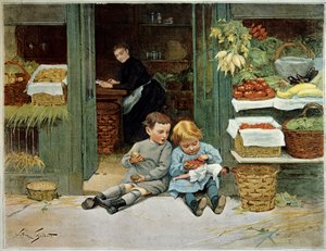 Kiertele häntä. Lapsi syö paahtoleipää äitinsä elintarvikkeiden edessä. Pienellä tytöllä on nukke polvissaan. Victor Gilbertin (1847-1935) maalaus. Pariisi, koristetaide tekijältä Victor Gabriel Gilbert