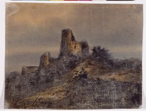 Näkymä Arques la Bataillen linnan raunioista (Arques-la-Bataille) Piirustus: Victor Hugo (1802-1885) 1800-luku Koko 17,4x22 cm Marseille, Chateau Borely, Koristetaiteen, fajanssin ja muotimuseo tekijältä Victor Hugo