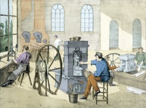 Kolikkokauppa (kolikoiden lyöminen) (kolikoiden valmistus), litho de Janson. 1800-luvulla.