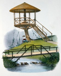 Kota ja maalaismainen silta Parc de la Mottessa, Bourgognessa, kuva Habitations Champetresistä, julkaistu Pariisissa, n. 1895 (chromolitho)