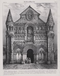Notre Dame la Granden kirkon romaaninen julkisivu, Poitiers, Ranska (litho)