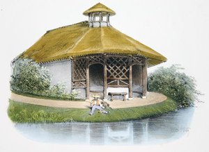 Maalaismainen paviljonki, kuvitus "Habitations Champetres" -julkaisusta, julkaistu Pariisissa, n. 1895 (chromolitho)
