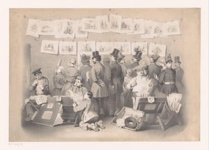 Titelprent met interieur van een prentenwinkel Laughing Museum (sarjan nimi) Näyttö (sarjan nimi) tekijältä Victor Jean François Dollet