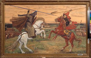 Aleksanteri Peresvetin ja tataari Chelibeyn (tai Chelubey, Temir Mourza (Temir-Mourza)) kaksintaistelu Kulikovon tasangolla vuonna 1380, venäläisten ja Kultahorden välisen taistelun aikana (Peresvetin ja Temir Murzan (Temir-Murza) taistelu) Kulikovolla