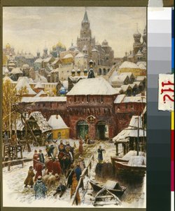 Moscou au 17e siecle (Moskova 1600-luvulla). Oeuvre de Appolinari Mikhaylovich Vasnetsov (1856-1933), litografia. Art russe, fin 19e-debyytti 20e siecle. Moskovan historian ja jälleenrakennusmuseo, Moskova. tekijältä Victor Mikhailovich Vasnetsov