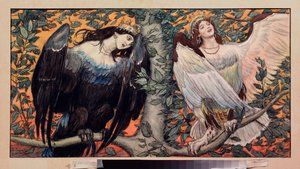 Sirin ja Alkonost, Laulu ilosta ja surusta (Sirin ja Alkonost, Laulu ilosta ja surusta) Profeetallisia lintuja naisen kasvoilla venäläisestä kansanperinteestä - Viktor Mikhaylovich Vasnetsovin (1848-1926) taideteos, akvarelli paperille