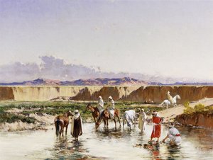 Arabiratsumiehet kastelemassa keitaassa,