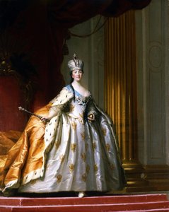 Täyspitkä muotokuva Venäjän keisarinnasta Katariina II Suuresta (1729-1796) "kruunausvaatteessa" Vigillus Erichsenin (Eriksen) (1722-1782) maalaus 1779 David-kokoelma
