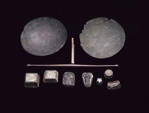 Tasapainopalkki vaakasarjalle, viikinkivenehautauksesta Kiloran Bayssa, Colonsayssa, Argyllissa, 875-925 jKr (pronssi)