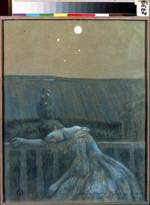 ""Suru"" (Suru) Epätoivoinen nuori tyttö nojaa kaiteeseen. Akvarelli ja pastelli Viktor (Victor) Elpidiforovich Borisov-Musatov (Borisov Musatov) (1870-1905) (symbolismi) 1903 Valtion historian ja taiteen museo Serpukhov (Serpukhov).