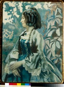 Naisen muotokuva, silmät kiinni, mietteliäs, yllään krinoliinimekko - Viktor (Victor) Elpidiforovich Borisov-Musatov (Borisov Musatov) taideteos (1870-1905)