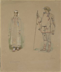 Snow Maiden ja Lel. Pukusuunnittelu N. Rimski-Korsakovin oopperaan Snow Maiden, 1885 tekijältä Viktor Mikhaylovich Vasnetsov
