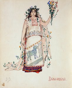 Kevään kaunotar. Pukusuunnittelu N. Rimski-Korsakovin oopperaan Snow Maiden, 1885 tekijältä Viktor Mikhaylovich Vasnetsov