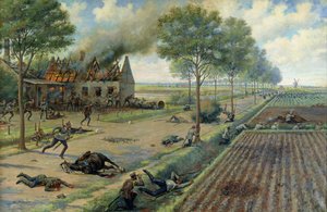 Venäjän ratsuväki taistelee saksalaisia vastaan kylässä vuonna 1915, n. 1915-1916 (öljy kankaalle) tekijältä Viktor Viketyevich Masurovsky