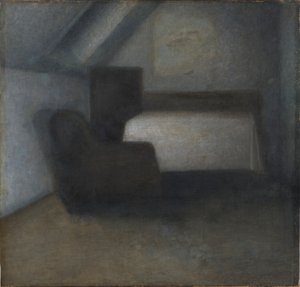 Ullakkohuone, jossa on pöytä ja tuoli tekijältä Vilhelm Hammershøi