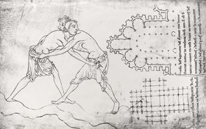 Ms.Fr.19093 fol.14v Kaksi painijaa, suunnitelma Cistercian kirkosta ja suunnitelma Notre-Dame de Cambrain kuorosta (faksikopio)
