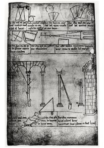 Ms.Fr.19093 fol.20v Geometriset hahmot rakenteelle, kaarille ja miehelle, joka mittaa tornin korkeutta (faksikopio)