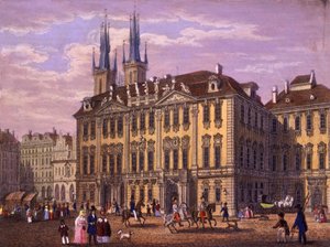 Goltz-Kinsky (Kinský) palatsi, Praha, 1847 (värillinen teräskaiverrus) tekijältä Vincenc and Geissler, F. Morstadt