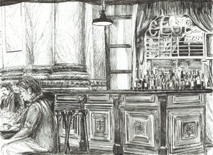 Kahvila Royal Exchangessa, Manchester, 2011, (mustetta paperille) tekijältä Vincent Alexander Booth