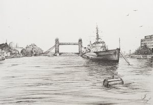 HMS Belfast Thames-joella Lontoossa, 2006, (Tussi paperille) tekijältä Vincent Alexander Booth