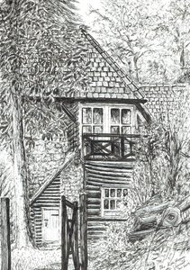 Hirsitalo, 2019, (muste paperille) tekijältä Vincent Alexander Booth