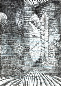 sivu 23, Linna Findhornin metsässä, 2006, (muste paperille) tekijältä Vincent Alexander Booth