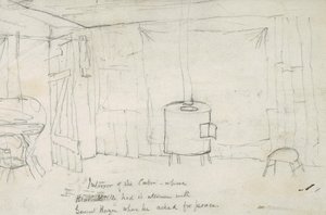 Mökin sisustus, jossa Black Kettle oli väliaikana kenraali Hazenin kanssa, kun tämä pyysi rauhaa, 1869-71