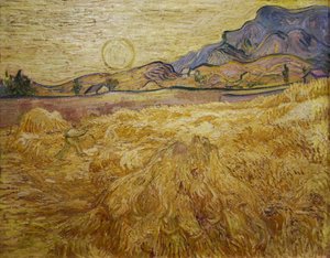 Vehnäpelto niittokoneella ja aurinkolla, 1889. tekijältä Vincent van Gogh